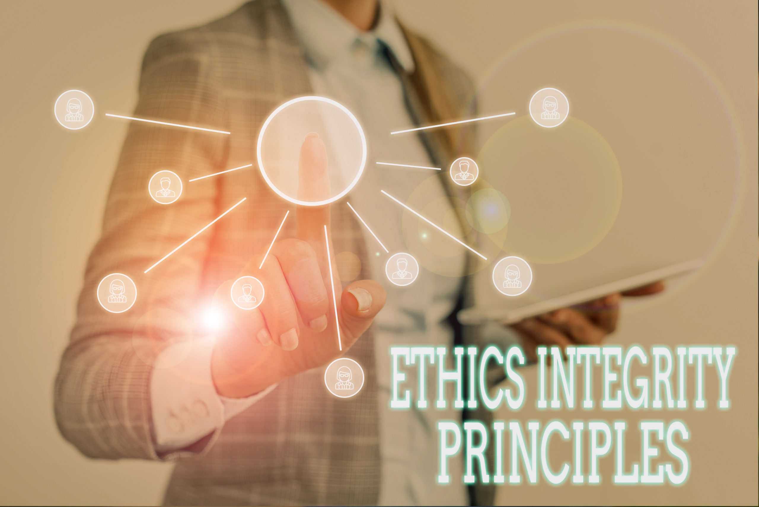 Conceptual hand writing showing Ethics Integrity Principles. Concept meaning quality of being honest and having strong moral Woman wear work suit presenting presentation using smart device