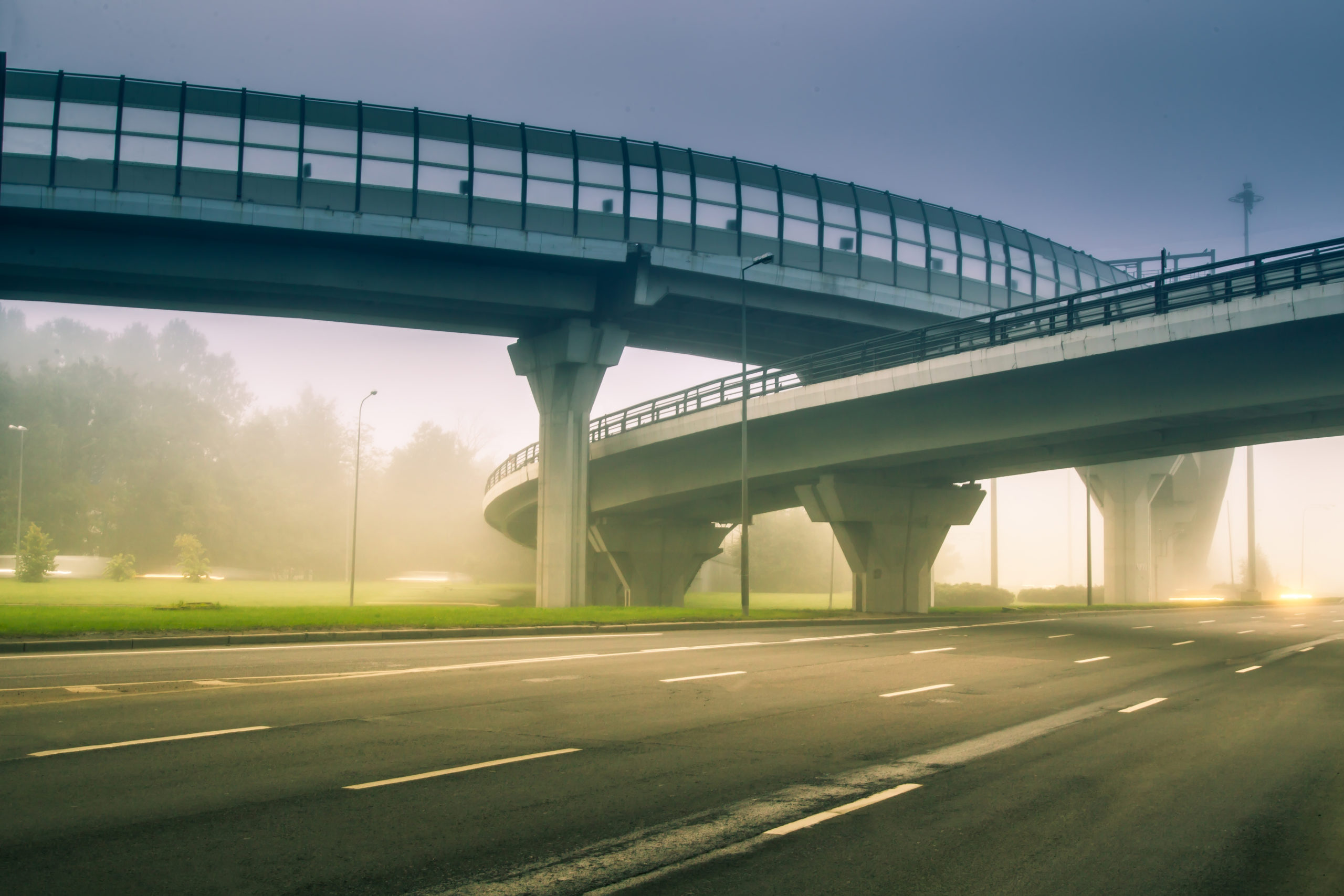 Bend the highway. Crossing roads. Road overpass. Highways. An empty road. Motorway without cars.